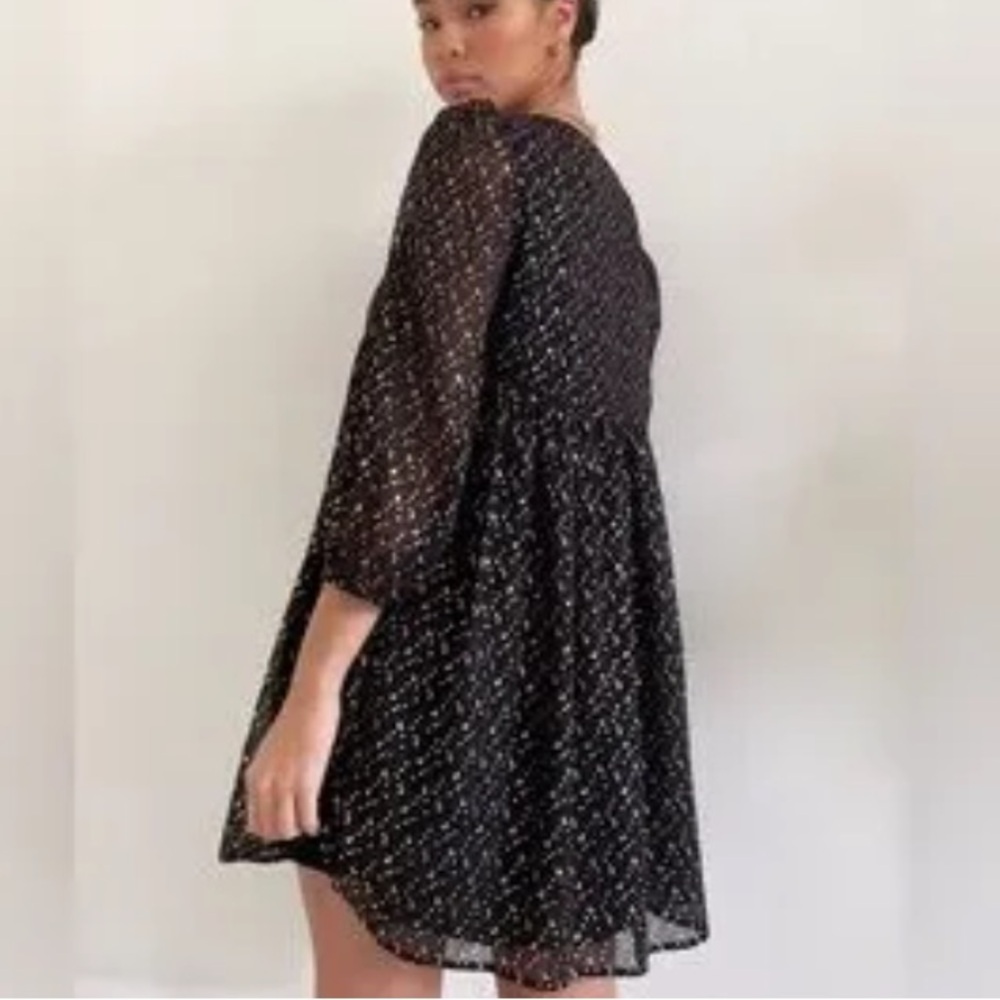 Aritzia Sunday Best Black and Gold babydoll Mini Dress sheer sleeve size Large - Picture 2 of 9